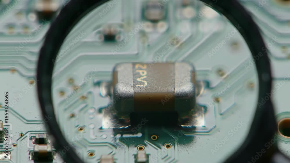 Poster close up of circuit board element, component under magnification.
