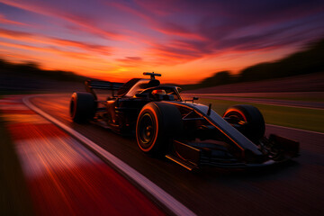 Black Formula 1 race car speeding on track at sunset with motion blur