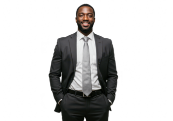 Smiling african american businessman in a suit and tie, standing confidently with hands in pockets, isolated on transparent background