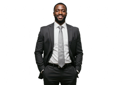 Smiling african american businessman in a suit and tie, standing confidently with hands in pockets, isolated on transparent background