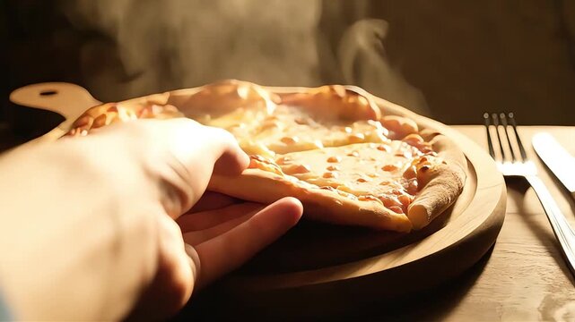 national pizza day steaming hot cheese on wooden board