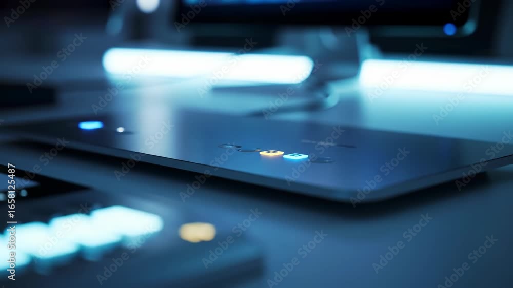 Poster modern technology interface with glowing buttons on a dark surface