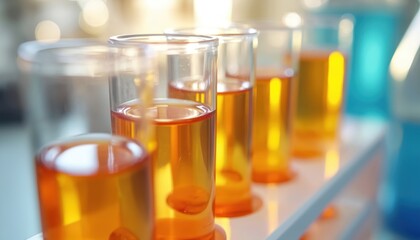 Close-up of amber liquid in test tubes arranged in laboratory rack. Focus on lipid research, metabolic health studies. Orange liquid suggests chemical analysis, scientific discovery in modern