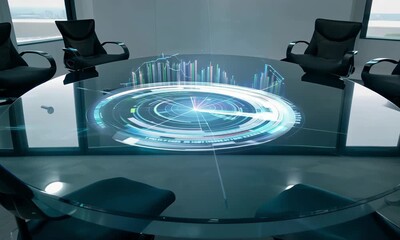 A modern conference room features a round glass table with a futuristic digital interface projected onto its surface, surrounded by sleek chairs and large windows creating a high-tech atmosphere. - Powered by Adobe