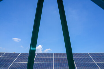 Solar panels generate electricity at solar farm.