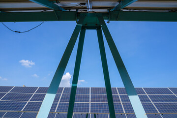 Solar panels generate electricity at solar farm.