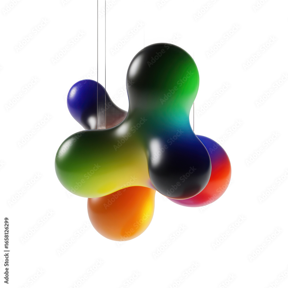 Poster vibrant abstract amorphous form with rainbow gradient and reflective surface hanging isolated on tra