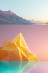 Geometric abstraction. Sun rays in the shape of triangles, mountains at dawn, shades of yellow, pastel colors.