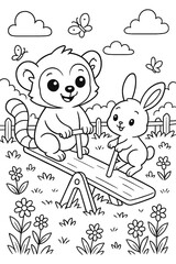 Cheerful raccoon and bunny share a seesaw ride in a playful outdoor scene