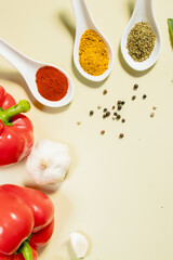 Spoons with spices, red bell peppers, garlic, basil and black peppercorns on olive background. Natural products, vegetables, culinary ingredients, food background for cooking and advertising.
