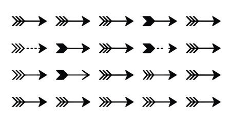 set of black right-pointing arrows icons isolated on white background, various arrow styles for navigation, interface, or graphic design