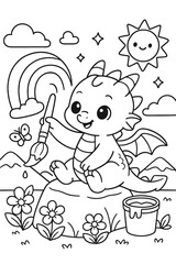 Fototapeta premium Adorable baby dragon painting a rainbow illustration with sun and clouds
