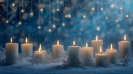A collection of white candles with snowflakes on them, set against an icy blue background with twinkling lights and falling snow.