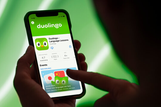 Guilherand-Granges, France - August 20, 2025. Duolingo is a popular language-learning platform and educational technology app known for its gamified lessons and iconic owl mascot.