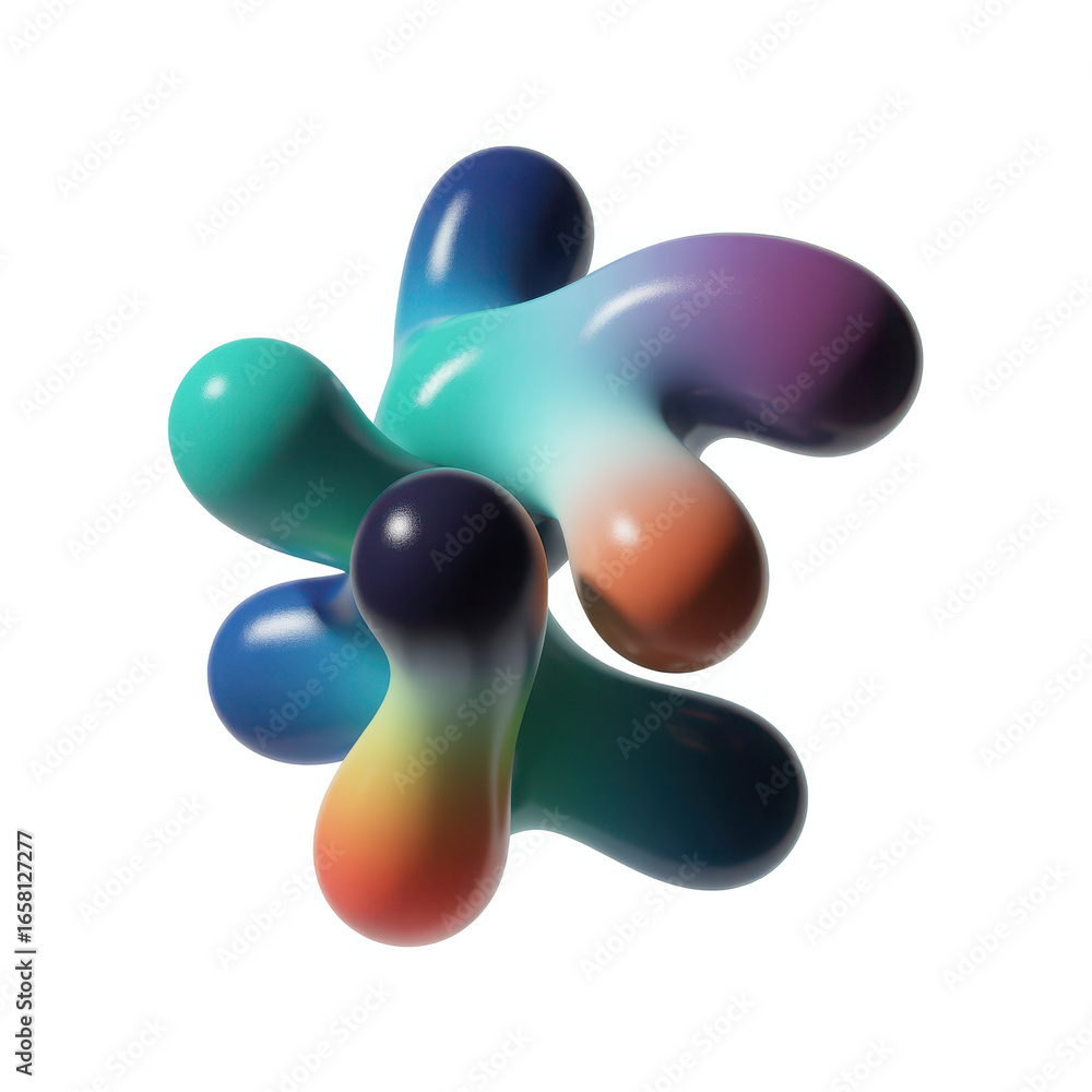 Poster abstract organic fluid blob cluster with vibrant rainbow gradient colors and reflective surface text