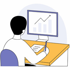 Business person looking at a business growth chart on a computer, representing financial planning and success, with copy space