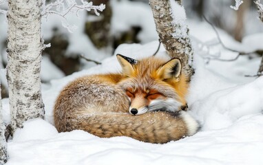 A red fox curled up sleeping peacefully in a snowy winter landscape, its russet fur contrasting beautifully with the white snow and birch trees surrounding it