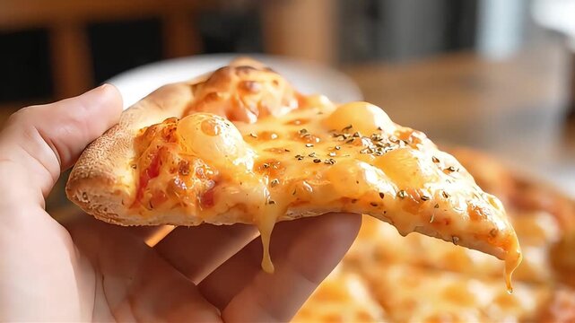 national pizza day hand holding delicious cheesy slice