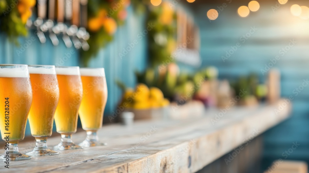 Aufkleber craft beers lined up on a rustic bar with string lights in the background