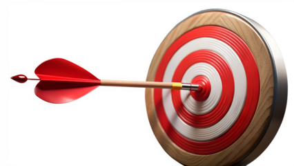 An arrow hitting the center of a bullseye target, symbolizing success and achievement, isolated on transparent background