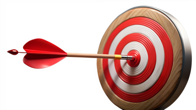 An arrow hitting the center of a bullseye target, symbolizing success and achievement, isolated on transparent background