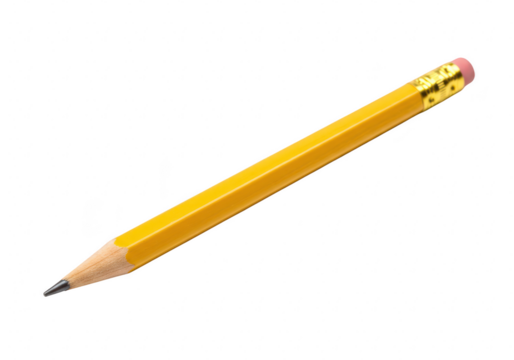 Yellow hexagonal pencil with a sharpened graphite tip and a pink eraser, isolated on transparent background, ready for writing or drawing