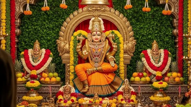 Navaratri festival of god Durga, a magnificent altar with a statue of Durga surrounded by offerings of flowers and fruit, Ai generated Images - Powered by Adobe