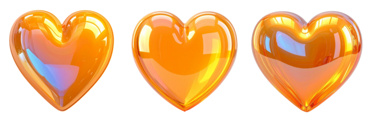 Three Orange Glossy Hearts With Pixelated Detailing And Transparent Background