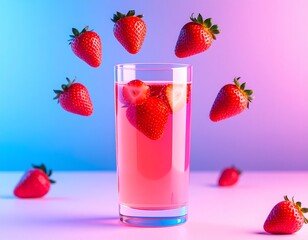 Strawberry juice with floating fruits on pink background