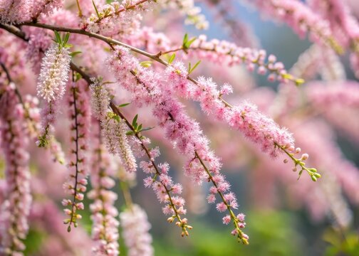 Delicate pink flowers blooming on a small Tamarix parviflora tree branch