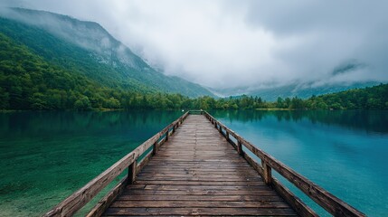 Naklejka premium Mystic Fog-Enveloped Lake: Long Wooden Pier Amidst Emerald Blue Waters and Green Mountains