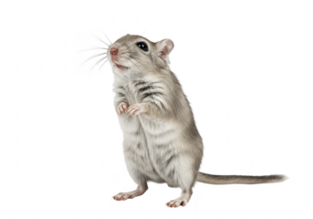 A small grey gerbil with striped fur standing on its hind legs and looking up, isolated on transparent background
