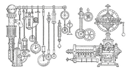 Obraz premium Intricate steampunk mechanical design featuring gears and pipes in detailed line art