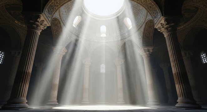 Sunlight Streaming Through Ancient Architectural Dome Illuminating Grand Hall