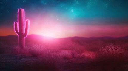 Sunset colors illuminating a cactus under a starry sky in the desert