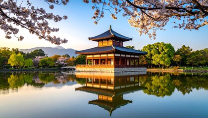 Fototapeta premium Serene Japanese temple by a tranquil pond at dawn, framed by cherry blossoms