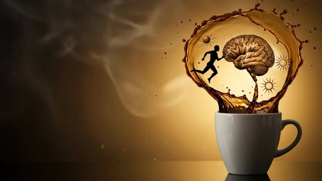 A man running inside a coffee splash, depicting the concept of a brain stimulated by hot beverage for energy and creative ideas.