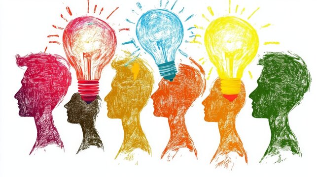 Silhouettes paired with light bulbs visually symbolize creativity and innovative thinking across numerous fields