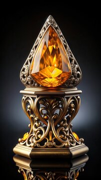 Vibrant trillion cut citrine gemstone displayed on a sleek black pedestal surrounded by ornate metalwork