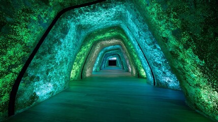 A luminous tunnel with vibrant teal and emerald green hues, displaying an otherworldly architectural design.