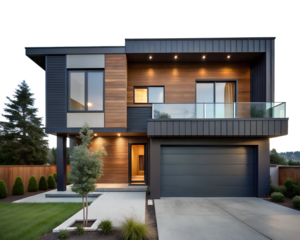 A modern contemporary house exterior with wood and metal accents, featuring a garage, balcony, and landscaping isolated on transparent background