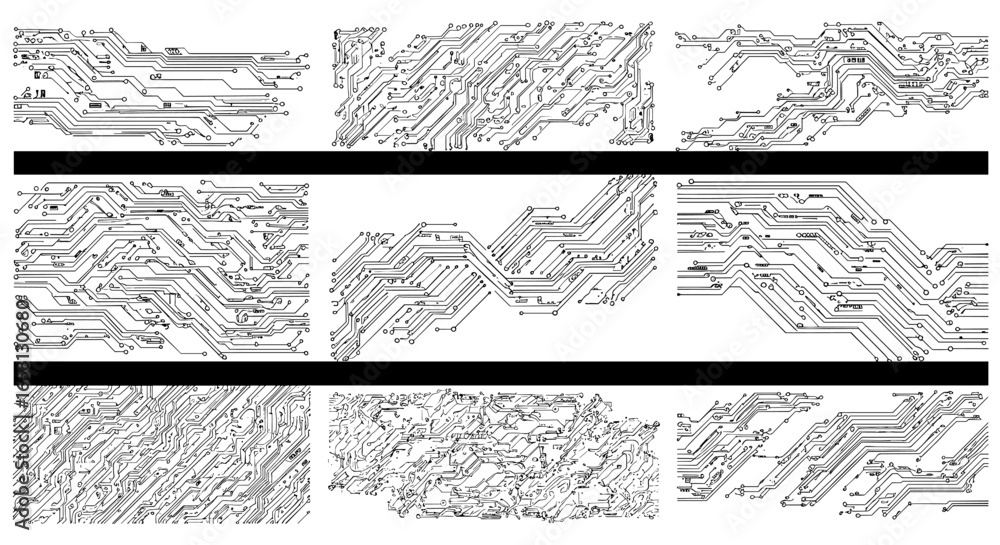 Poster abstract circuit board designs with geometric patterns and technology themes