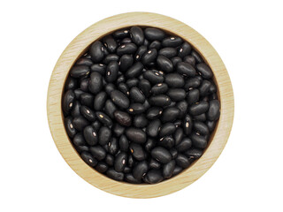 Top view of black beans in wooden bowl isolated on white background