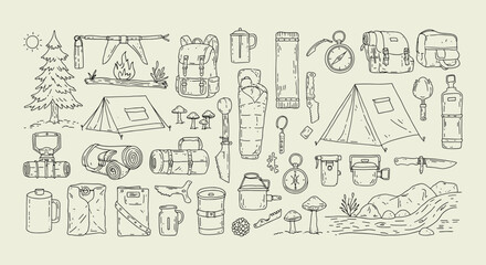 Hand drawn camping equipment and wilderness exploration icons