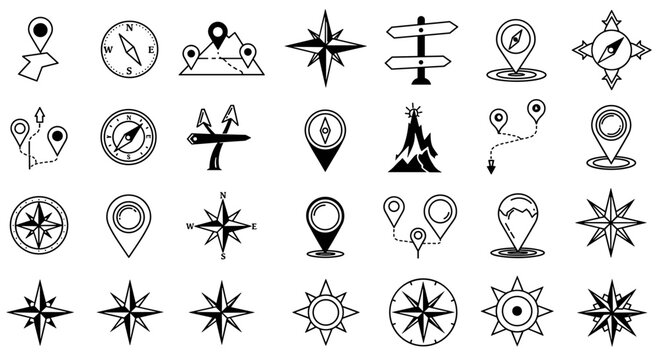Monochrome navigational icons: compasses, maps, and location pins