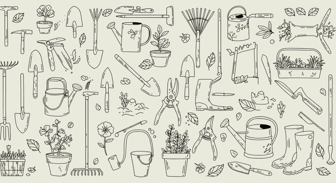Hand drawn gardening tools and plants seamless pattern for garden hobbyists