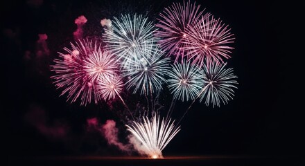 A nighttime display of vibrant fireworks explodes, showcasing white, pink, and blue bursts against a dark, starry background