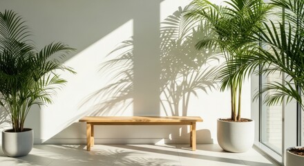Fototapeta premium Sunlit indoor space with potted palm trees and wooden bench