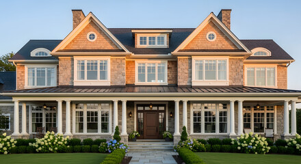 Fototapeta premium Beautiful luxury home exterior with manicured lawn and garden during daytime