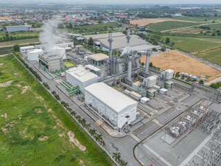 Power plant gas turbine building. Green Industry, Clean power production plant aerial view